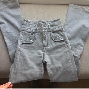 Veronica Beard High-Rise Gray Jeans with Triple-Button Front
